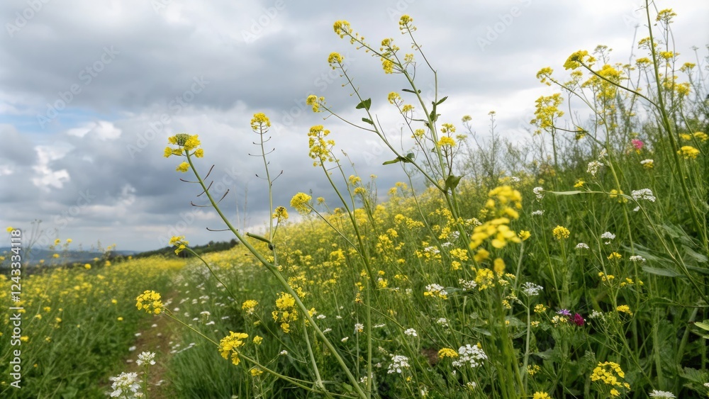 Sunny yellow mustard flowers swaying gently in the breeze amidst a lush green sea of wildflowers on a cloudy summer day, sunny yellow, green landscape, fields of gold, blooming flowers Sunny yellow mustard flowers swaying gently in the breeze amidst a lush green sea of wildflowers on a cloudy summer day, sunny yellow, green landscape, fields of gold, blooming flowers