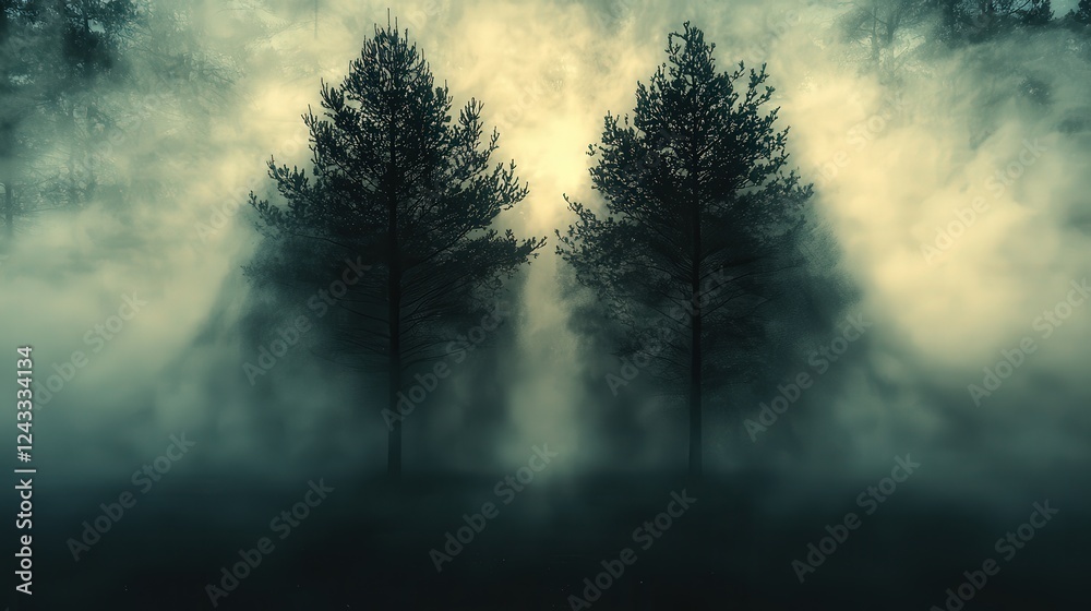 Fototapeta premium Mysterious Forest Landscape with Two Silhouette Trees Emerging from Dense Fog and Atmospheric Light Play
