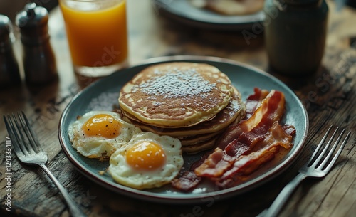 Breakfast spread featuring pancakes, eggs, and bacon on a rustic wooden table