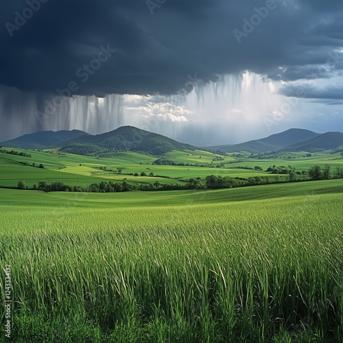 Dramatic storm clouds unleash rain over lush green hills during afternoon