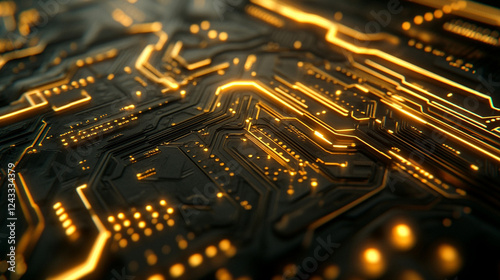 Intricate gold circuit board design glowing under dramatic lighting, symbolizing modern computing technology and artificial intelligence innovation