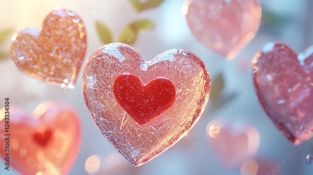 Fototapeta premium Colorful Heart-Shaped Decorations Made of Glass with Shimmering Surface for Love and Romance Themes