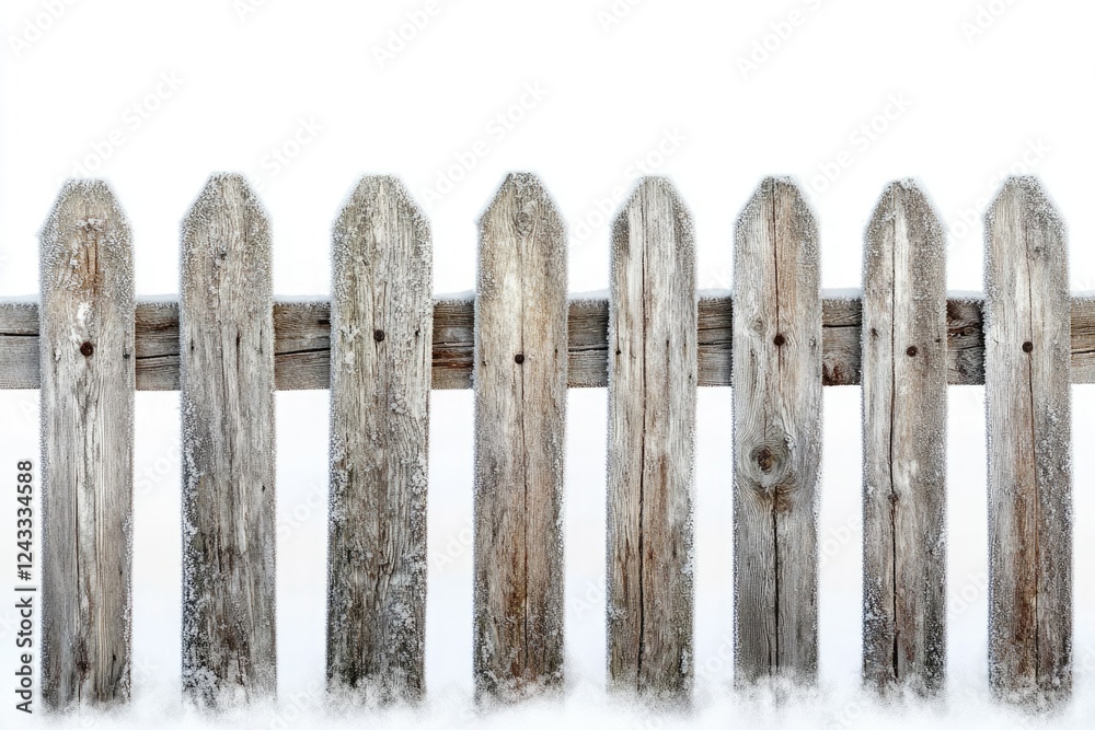 A rustic wooden fence covered in frost stands against a bright white winter background. A rustic wooden fence covered in frost stands against a bright white winter background.