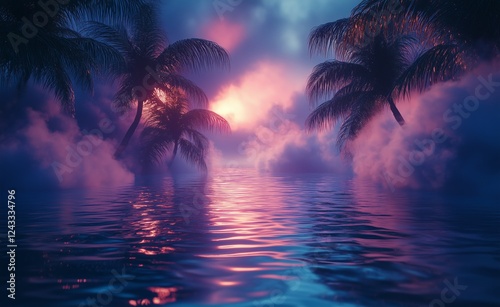 Sunset over a tranquil water surface with palm trees and vibrant clouds in tw...