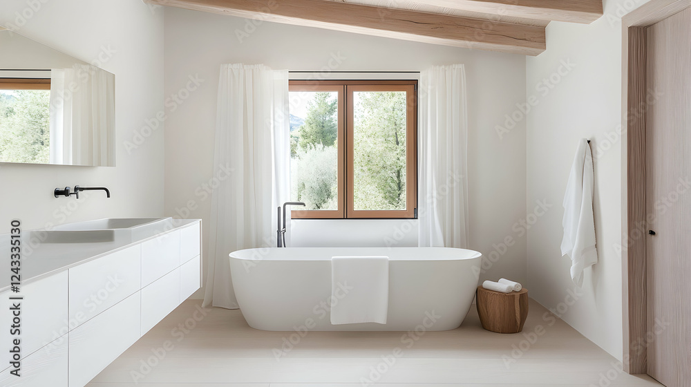 Fototapeta premium Modern white bathroom with wooden beams, window view