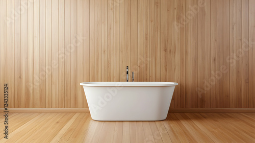 Modern white bathtub in a light wood-paneled room photo