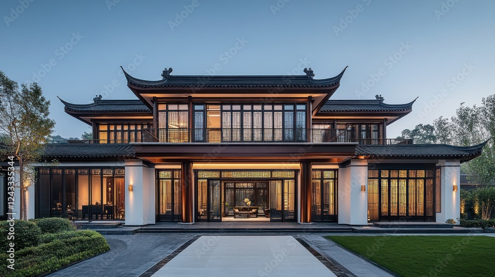 Modern Chinese villa, twilight, garden, pathway, serene