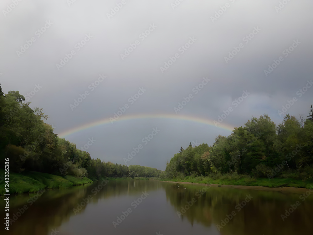 Beautiful rainbow over the calm river surrounded by lush green forests, peaceful atmosphere Beautiful rainbow over the calm river surrounded by lush green forests, peaceful atmosphere