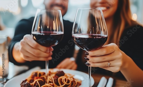Couple enjoying dinner with wine and spaghetti in a cozy restaurant setting d...