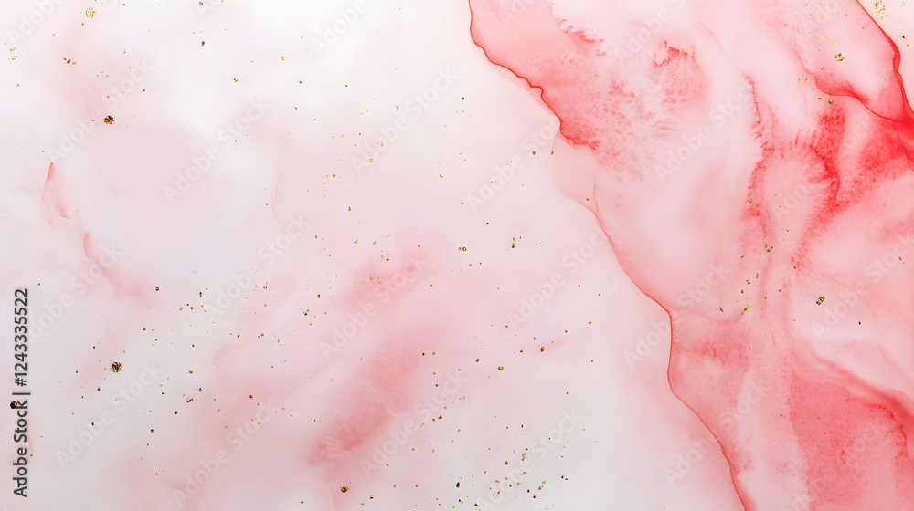 Fototapeta premium A stylish abstract card design featuring a pink watercolor wash with subtle gradients and organic textures. The soft, flowing pigments create a tranquil and delicate aesthetic. Gentle gold speckles
