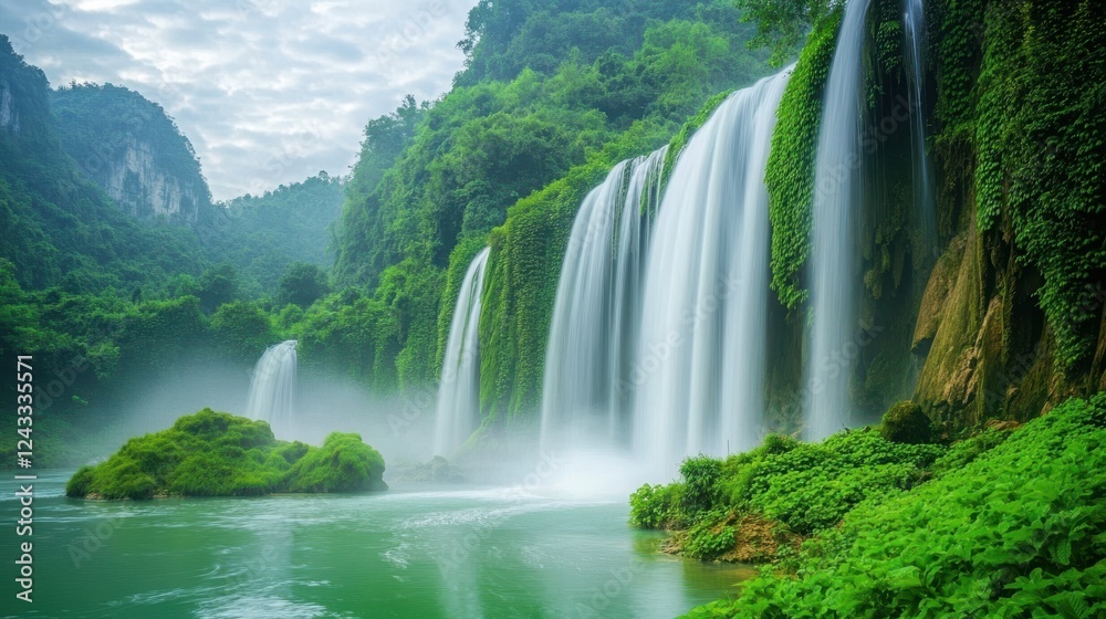 Fototapeta premium A stunning waterfall cascades into a vibrant valley, surrounded by lush greenery and flowing into a serene river below, showcasing nature's beauty.