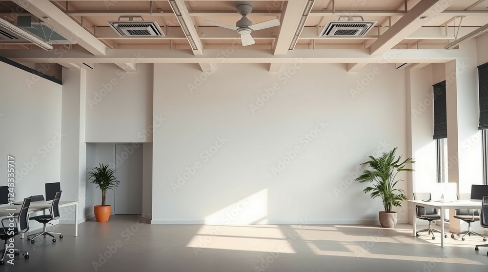 Obraz premium cool light interior design, minimalistic modern scandinavian style, empty wall, mockup template, Sunlit minimalist modern office interior of generative ai