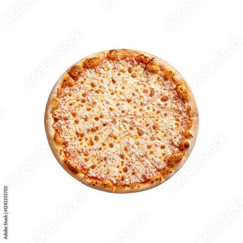 Cheesy pizza on a wooden platter, round shape, white isolated background. photo