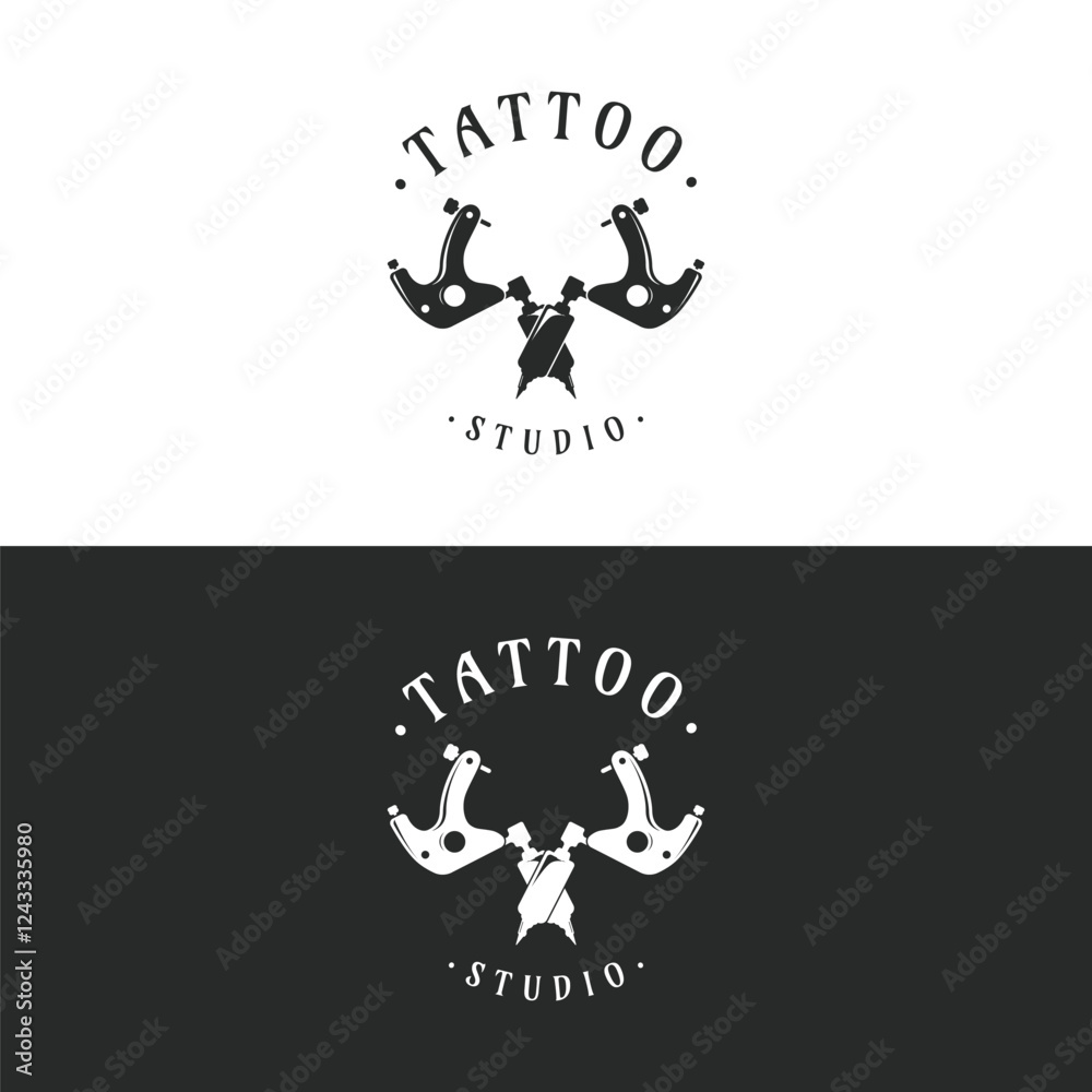 Fototapeta premium Vintage retro tattoo machine template logo design isolated background.Logo for studio, emblem and business.