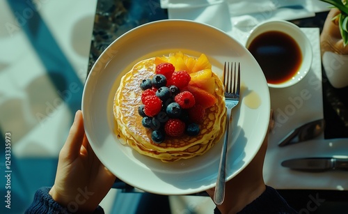 Delicious pancakes topped with fresh berries and fruit served with coffee in ...