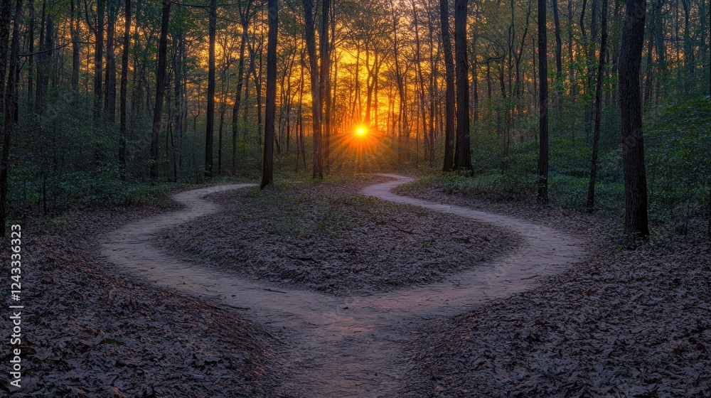 Obraz premium Sunset forest path choice, nature, background