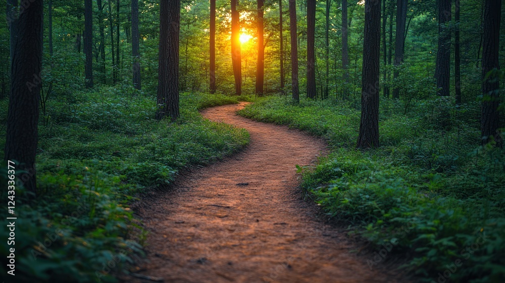 Obraz premium Sunset forest path winding through trees