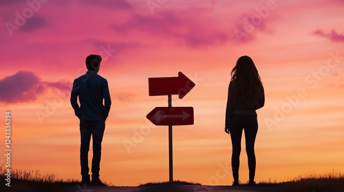 Silhouetted against a vibrant sunset, a young man and woman stand at a crossroads, contemplating their separate paths, symbolizing life choices, decisions, and the pursuit of individual destinies photo