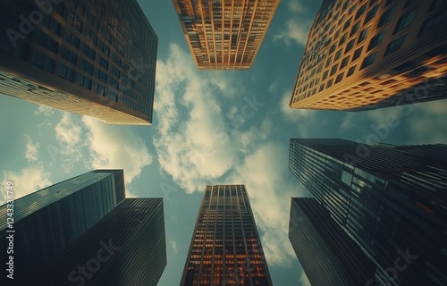 Skyscrapers rise into a bright sky above in an urban landscape during midday