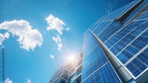 modern condo complex featuring solar panels reflects sustainability and innovation under bright blue sky with fluffy clouds. sunlight enhances building sleek design