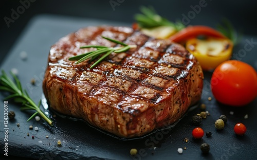 Juicy grilled steak with herbs and vegetables on a black stone plate