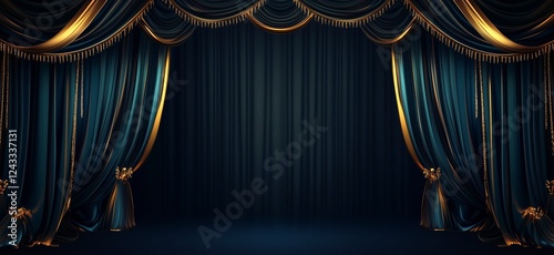 Elegant theater curtains in deep blue with golden trim creating an inviting s...