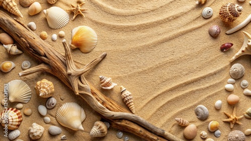 Textured sandy beige background with shells, pebbles, and driftwood scattered in a random manner, rustic charm, pebbles photo