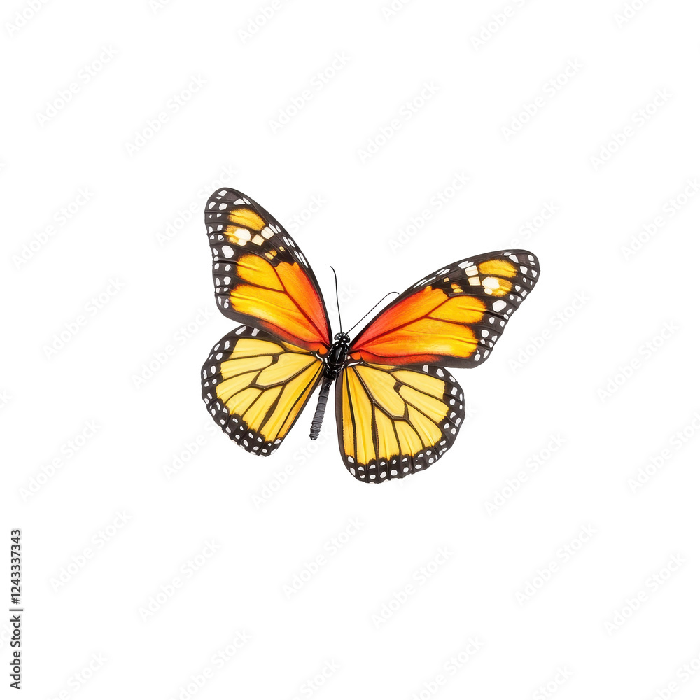 Obraz premium Colorful butterfly with orange and yellow wings, white isolated background.