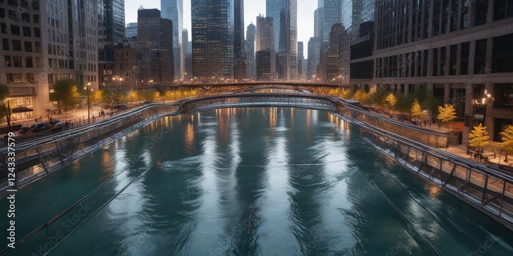 Fototapeta premium The Chicago River flowing under a series of glass bridges and walkways, city landscape, architectural details, river view