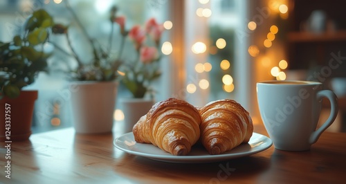 Enjoying warm croissants and coffee at a cozy cafe with festive lights in the...