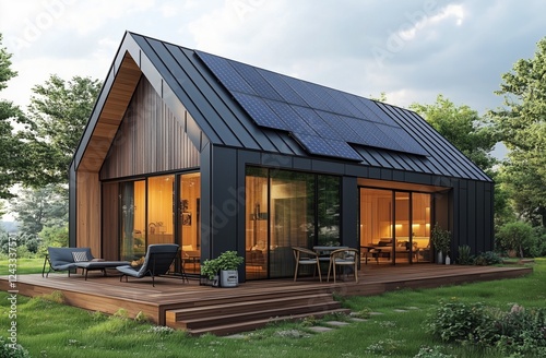 Modern eco-friendly house with solar panels and spacious deck in serene natur...