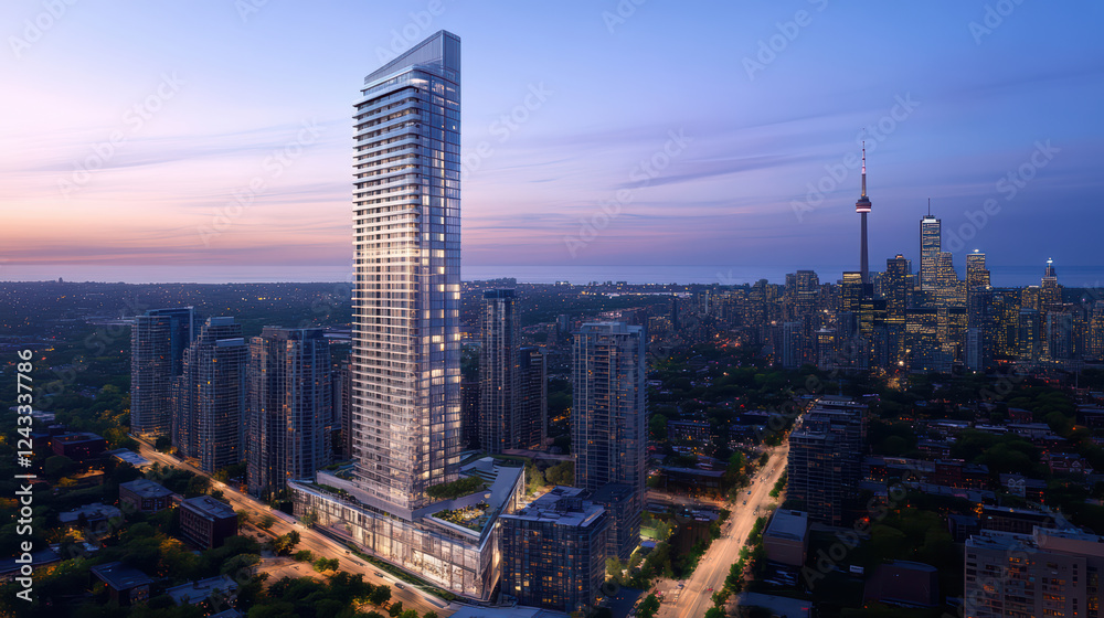 Obraz premium Stylish condo with energy efficient architecture in urban skyline at sunset. modern design complements cityscape, showcasing blend of nature and urban living