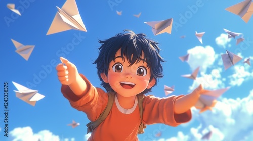 Joyful child with paper airplanes flying in a bright blue sky during a sunny day