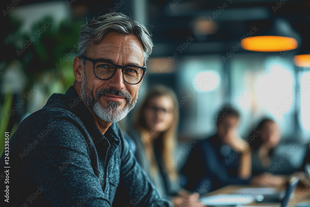 Man with glasses sitting at a table working on a laptop with a focused expression in a modern indoor setting Man with glasses sitting at a table working on a laptop with a focused expression in a modern indoor setting