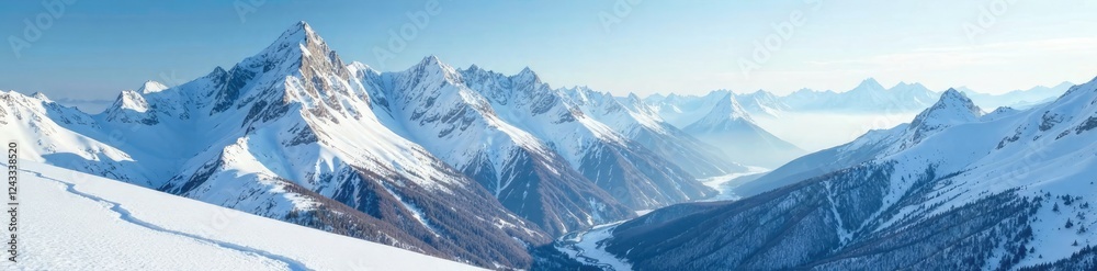 Obraz premium The snow falls gently on the peaks of mountains in winter, peaks, cold, peaceful