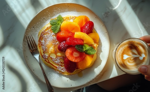 Vibrant fruit-topped pancakes with coffee on a sunlit table
