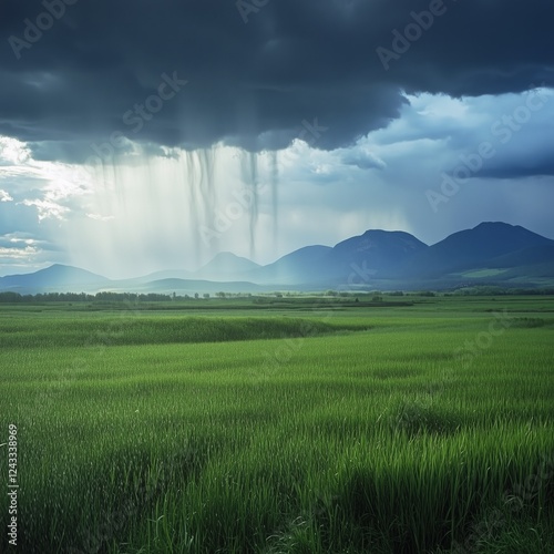 Dark clouds loom over lush green fields with distant mountains under a rain s...