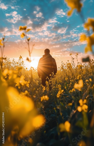 Walking through a field of yellow flowers at sunset with a beautiful sky