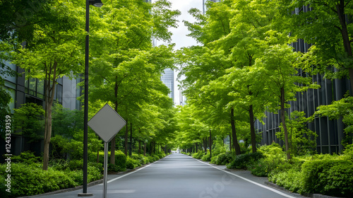 Urban green pathway between modern buildings photo