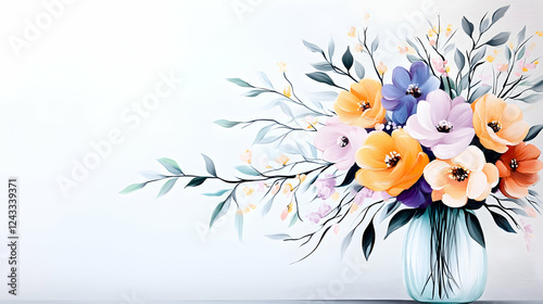 Vibrant floral bouquet in vase, artistic illustration, soft color palette photo