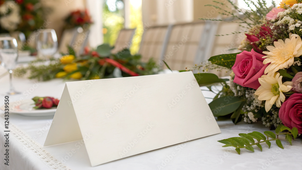 Obraz premium Wedding Table Setting with Flowers. Paper Table Card, Horizontal. 