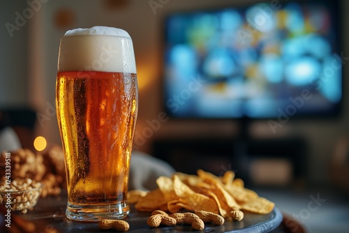 Enjoying snacks and beer while watching television in a cozy living room sett...