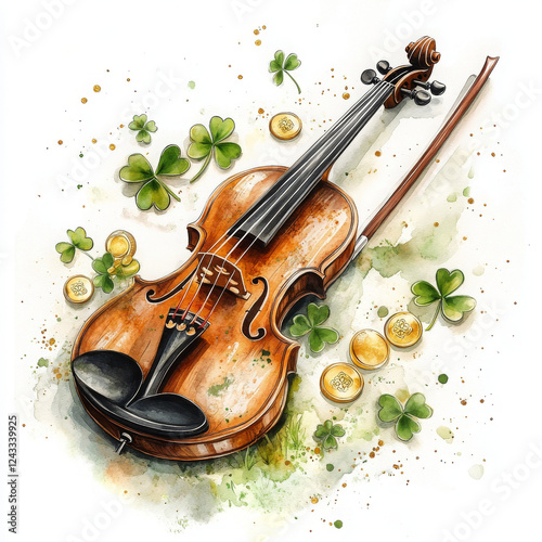 Celebratory wooden violin illustration with shamrocks and gold coins exudes joy photo