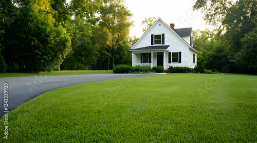 White House on a Grassy Lawn at Sunrise, Rural Setting, Ideal for Peaceful Home, Real Estate, or Nature Photography photo