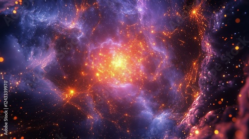 Vibrant cosmic explosion with swirling purple and orange hues in deep space