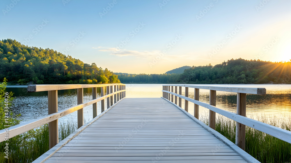 Obraz premium Wooden pier leading to serene lake at sunrise