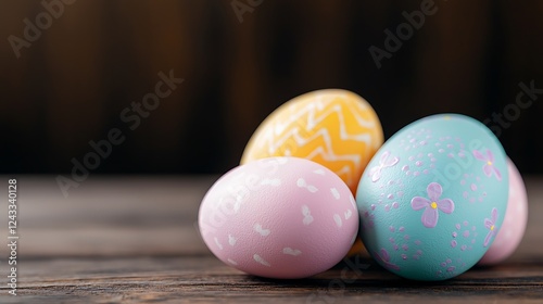 Easter day celebration with pastel tone eggs on wooden surface close-up festive atmosphere photo