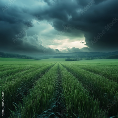 Dramatic sky over lush green field with rows of crops before approaching storm