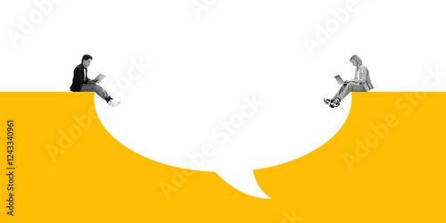 Young man and woman sitting on edge of giant speech bubble and looking on laptop again white yellow background. Digital work, distant cooperation. Concept of online communication, networking photo