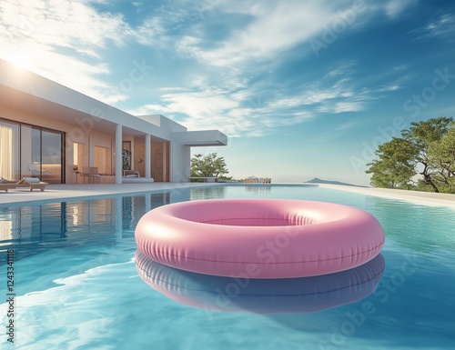 Serene poolside view with a pink float in bright sunlight at a modern luxury ...